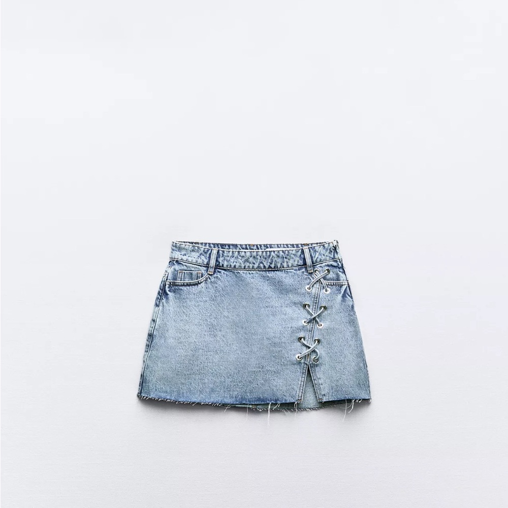 Zara Light Blue Denim Mini Skirt with Lace-Up Detail